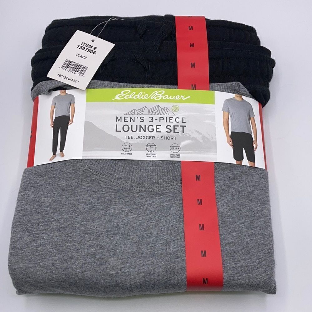 Eddie Bauer Men’s 3-Piece Lounge Jogger Tee shorts Set Size M